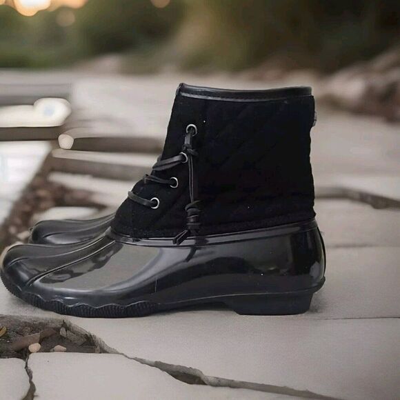 Seven7 Black Quilted Wool/Rubber Lace Up Rain Boot Women’s Size 11 - Picture 1 of 8